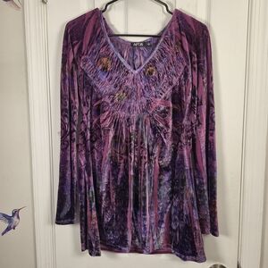 Apt. 9 Purple Peacock Feather Velvet Tunic Top Smocked V-Neck Size S